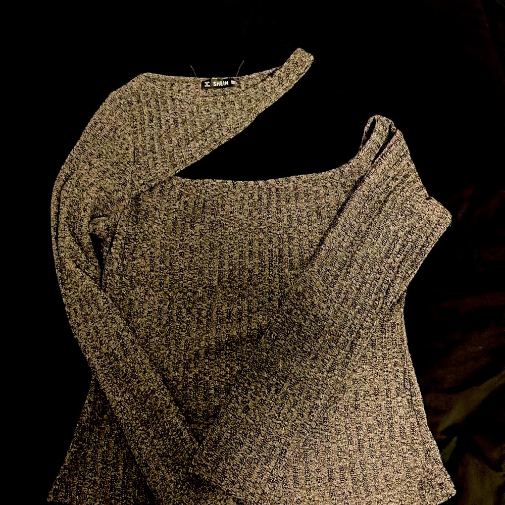 Asymmetrical Neck Rib-knit Slim Tee